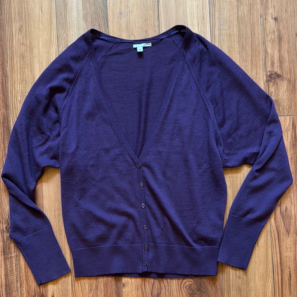 Halogen Deep Plum Purple Cardigan with Relaxed Fit and V-Neck